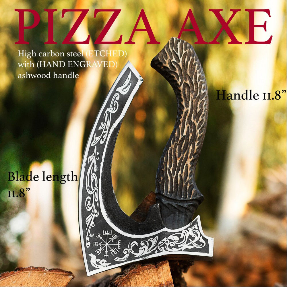 Forged Viking Etched Pizza Cutter Axe With Leather Sheath