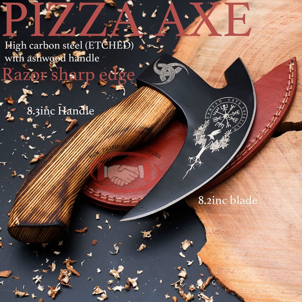 Hand-Forged Steel Pizza Cutter with Ash Wood Handle Etched Axe Head